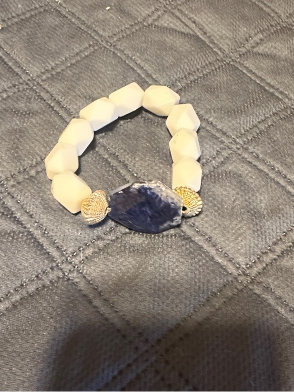 White Beaded Bracelet with Blue Stone and Gold Accents
